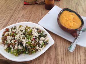 the warm salad and the creamy pleasure  at La Senda Restaurante in Playa Del Carmen