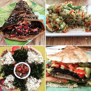 Quinoa salad and Portobello burger in Pita for Dinner and Molletes and Pancake for Breakfast. Yummy! at La Senda Restaurante in Playa Del Carmen