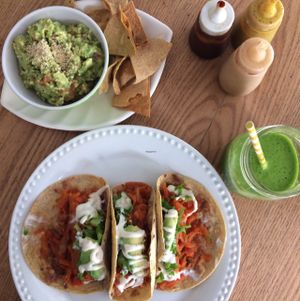 guacamole, salsas, carrots tacos & green juice at La Senda Restaurante in Playa Del Carmen