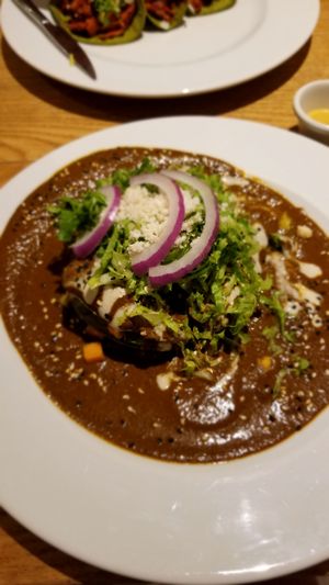 Pastel Azteca with Mole Sauce at La Senda Restaurante in Playa Del Carmen