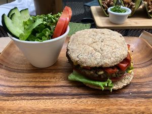 Lentil burger  at La Senda Restaurante in Playa Del Carmen