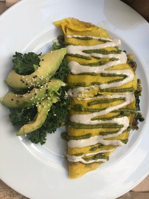 Protein power breakfast crepe.  Gluten free - chickpea flour.  Excellent! at La Senda Restaurante in Playa Del Carmen