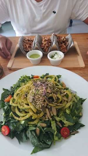 Green salad and jackfruit tacos at La Senda Restaurante in Playa Del Carmen