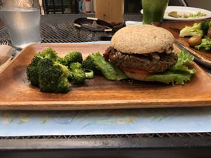 Senda burger (Lentil base) without potatoes or potato cheese. at La Senda Restaurante in Playa Del Carmen