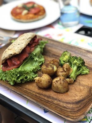 Yummy sandwich with potatoes  at La Senda Restaurante in Playa Del Carmen