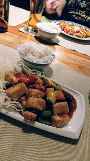 lemon tofu with mushrooms and veggies at Pod Norenami in Krakow