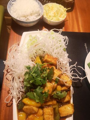 Lemon tofu and mad fried bean things at Pod Norenami in Krakow