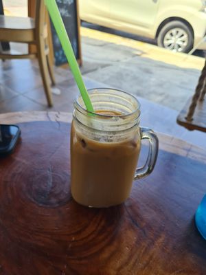 Iced latte with soy milk at Café Porto in La Crucecita