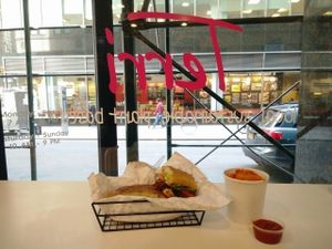 ";chicken"; melt sandwich and roasted sweet potatoes at Terri - Financial District in New York City