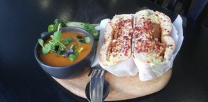 Soup of the day and smashed avocado bacon chilli flake toasted bagel at Kettle Black in Paisley