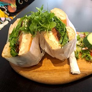 Cream cheese, bacon, rocket and onion chutney (all vegan) delicious!! at Kettle Black in Paisley