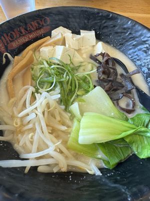 Veggie ramen no tomatoes  at Hokkaido Ramen House in Santa Cruz