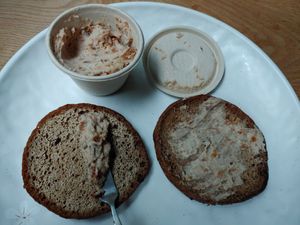 Cream cheese spread with rye bread purchased during vegan festa at The Rabbit - 더래빗  in Seoul