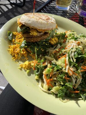 Veganized breakky sandwich. Vegan sausage, tofu scramble instead of eggs, vegan cheddar instead of dairy cheddar, on an English muffin. I also got veggies instead of potatoes   at Great Full Gardens - Midtown in Reno