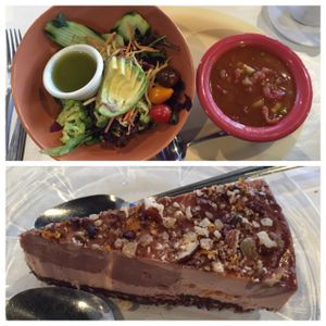 House salad with avocado, vegan chili, and 'cheese'cake. All vegan! All yummy! at Great Full Gardens - Midtown in Reno