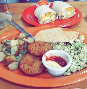 Vegan scramble with vegan sausage and vegan burrito at Great Full Gardens - Midtown in Reno