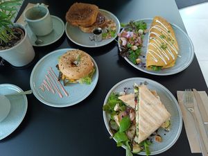 French toast, spinach omelette, no mozzarella Panini, salmon bagel at vorveg in Hannover