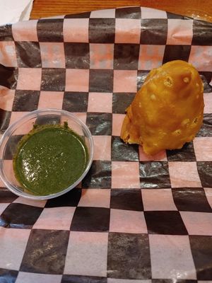 Keens somosa with mint chutney at Gold Lion Community Cafe in Richmond
