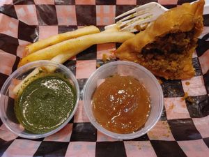 Keens somosa, mint chutney, mango chutney (some of hubby's fries) at Gold Lion Community Cafe in Richmond