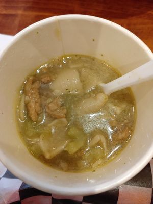 Friendly noodle soup with shredded soy curls at Gold Lion Community Cafe in Richmond