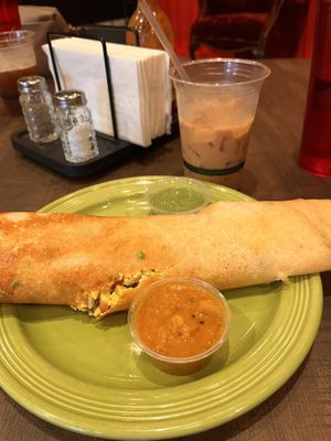 Egg dosa (tofu), house chai medium size  at Gold Lion Community Cafe in Richmond