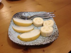 organic Japanese pear ( nashi ) and sliced banana at Gu Li Zi Ran Feng Wei in Tainan