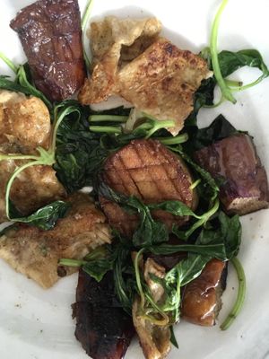 Seared king oyster mushrooms, eggplant and yuba with fried basil leaves  at Gu Li Zi Ran Feng Wei in Tainan