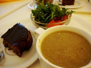 vegetable soup, salad and dessert - part of a daily menu at Ajdovo Zrno in Ljubljana