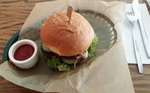 Quinoa & Bean Burger with ketchup - excellent combination, amazing texture at DopHert in Amsterdam