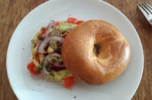 Delicious bagel with cream cheese and marinated carrots that taste like salmon :))) Yammm.... at DopHert in Amsterdam