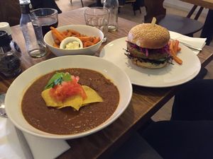 Black beans soup + burger + sweet potato fries ❤️  at DopHert in Amsterdam