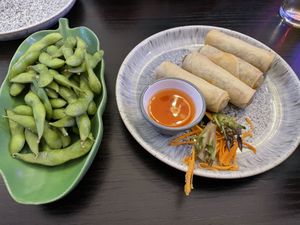 Edamame and vegetable spring rolls   at Sam Thai Restaurant in Southport