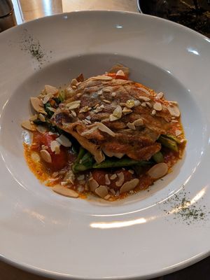 Roasted seabass-less fish (hearts of palm) #Veganuary at Soli Grill in Evanston