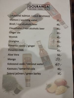 Drink menu at Vegetarian Club Gouranga in Prague