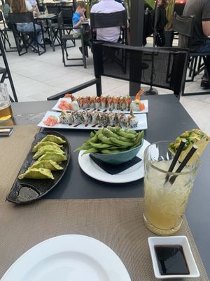 A nice choice. Edamame, gyozas and vege sushi.   at Picco in Mallorca
