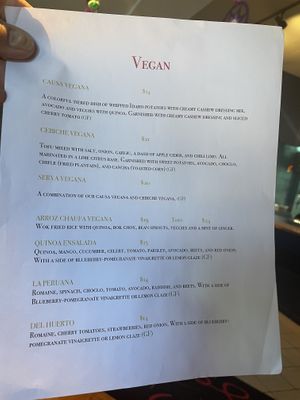 In addition to its menu of meat and seafood dishes, Serva has a separate menu for vegans.  at Serva Peruvian Cuisine in Ketchum