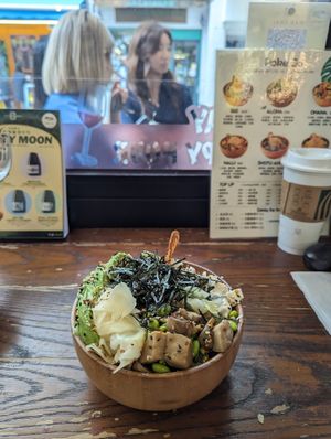 Vegan poke with mushrooms, tofu, avocado, edamame, rice, salad, ginger and seaweed at Poke Go Wan Chai in Hong Kong Island