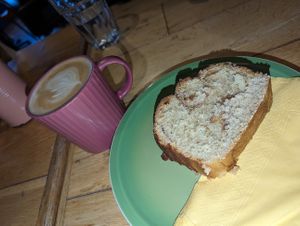 Decaf vanilla oat latte with vegan cinnamon babka at Kopi and Chai in Sheffield