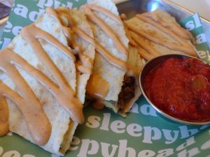 Vegan Quesadilla with salsa at Sleepyhead Coffee - Main St in Chattanooga