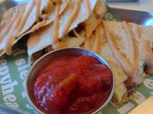 Vegan Quesadilla with salsa at Sleepyhead Coffee - Main St in Chattanooga