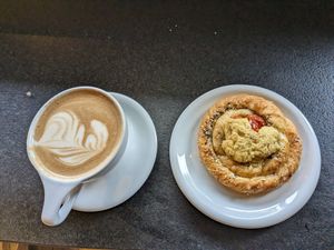 Oat milk Mexican Mocha and vegan savory croissant. at Coffee Fox in Savannah