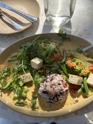Vegan coconut curry with “extra” tofuu  at Malibu Farm in San Diego