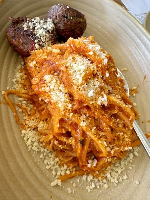 Palmini noodles with impossible meatballs   at Malibu Farm in San Diego