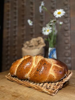 Challa, Jewish bread with blue poppy seeds. at Koyasan Space in Wakayama
