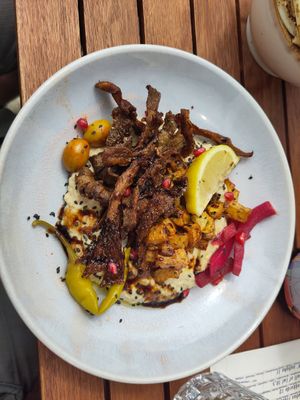 Hummus with fried oyster mushrooms at The Hummus Connection  in Nuremberg