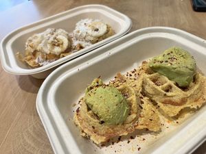 Savory & Sweet: Vegan avocado waffle and vegan banana nut waffle.   at BARE Blends in Brookline