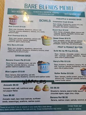 Menu at BARE Blends in Brookline