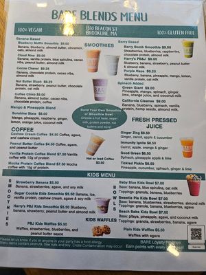 Menu blend at BARE Blends in Brookline