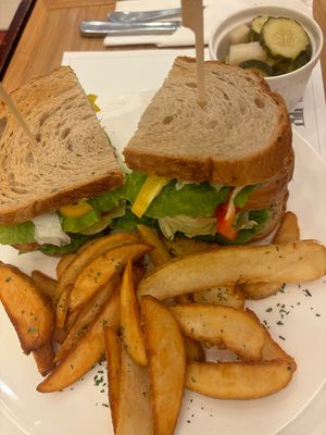 Vegan Club Sandwich - includes aubergine, zucchini, green pesto sauce and homemade pickles at La Scala   in Jeju