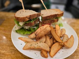 Vegan Club Sandwich - includes aubergine, zucchini, green pesto sauce
 at La Scala   in Jeju